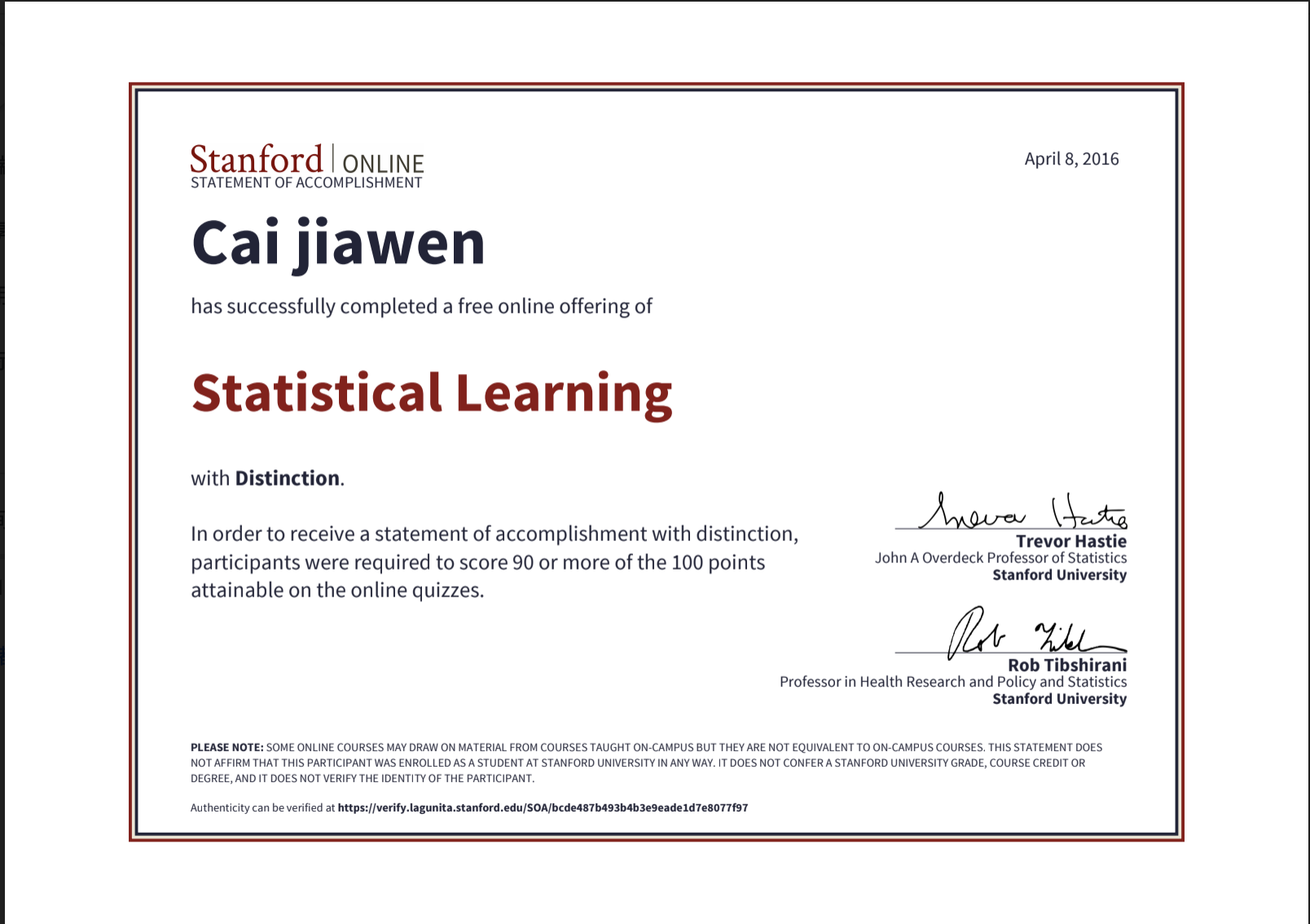 Stanford Statistical Learning
